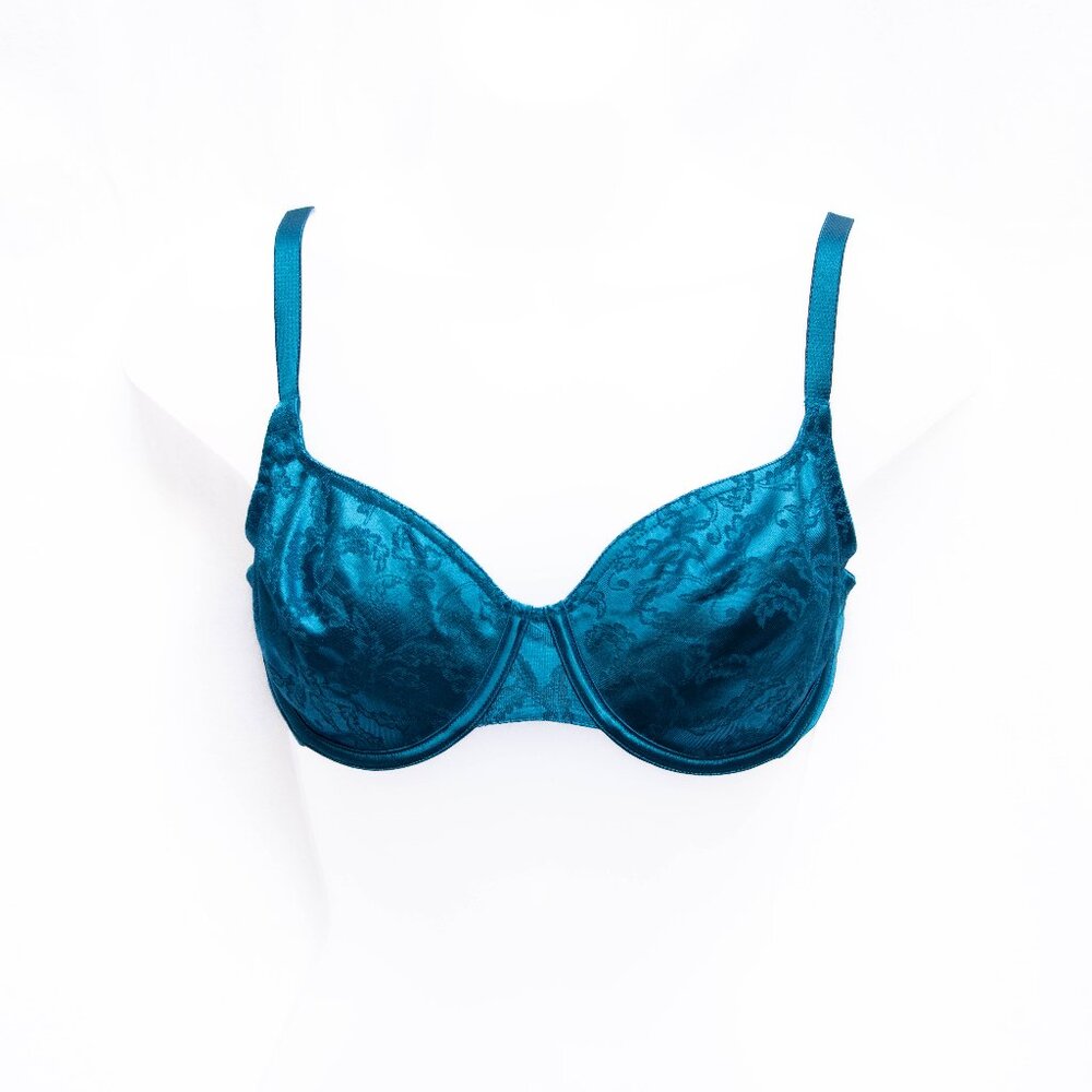 Vtg Vanity Fair 36C Teal Blue Jacquard Satin‎ Unlined Underwire Bra 75044 NWOT